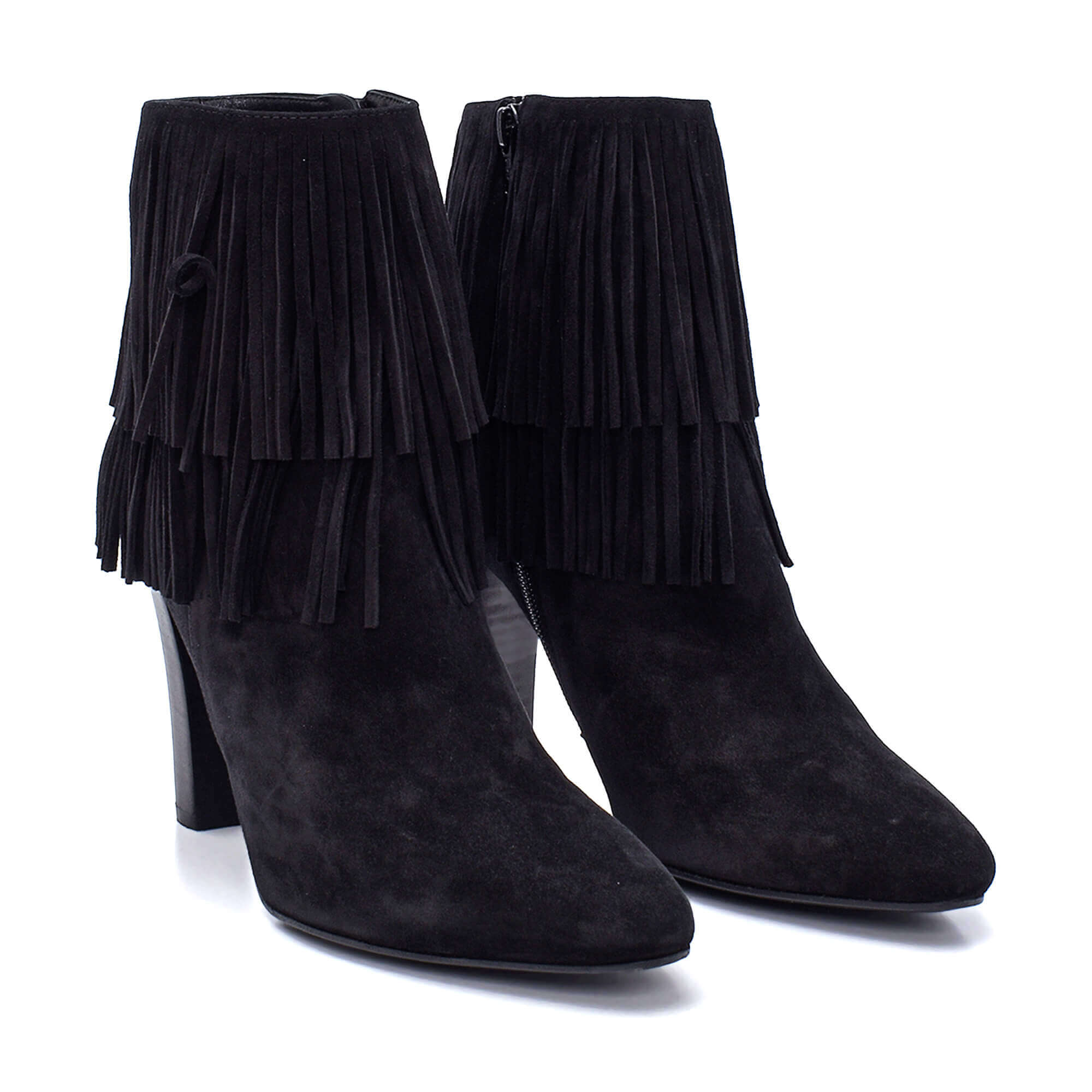 Yves Saint Laurent - Black Suede Fringed High Heel Lily Ankle Boots